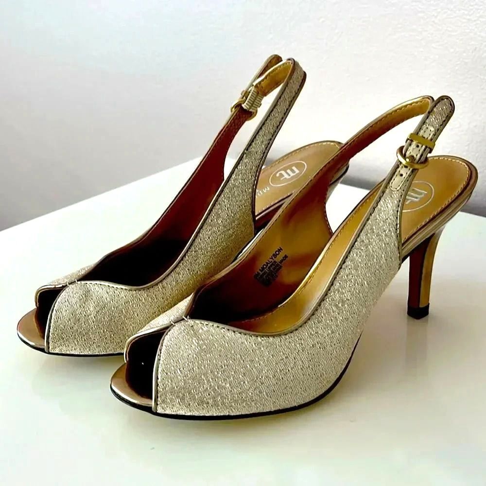 Mootsies Tootsies Alyson Peep Toe Slingback Heel Sz 6 Gold Glitter Party Holiday